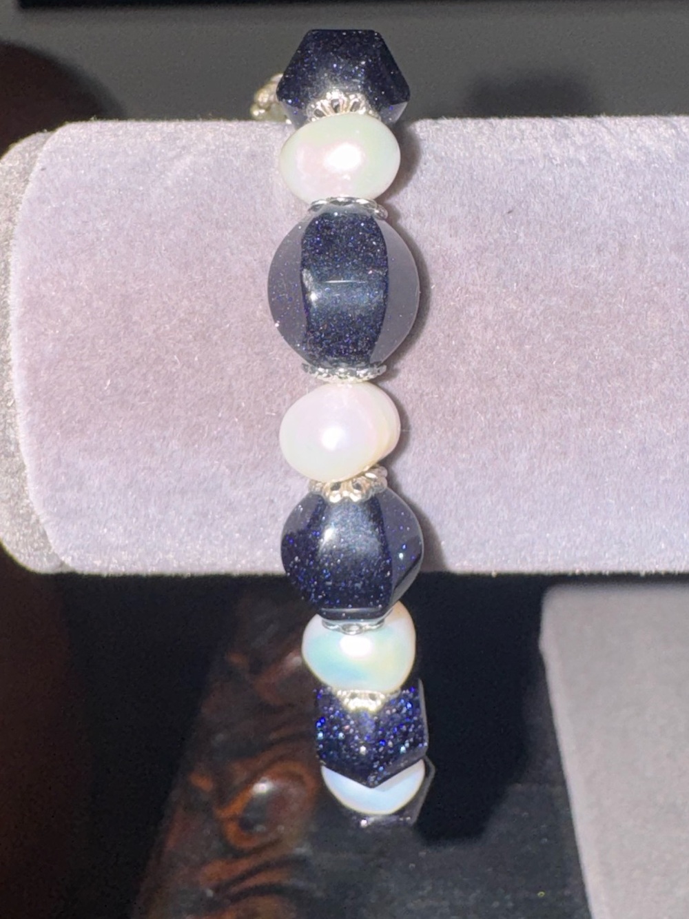 Elegant Navy Blue and Pearl Bead Stretch Bracelet stone white royal